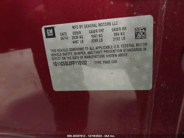 Chevrolet MALIBU 1LT 2015 1G11C5SLXFF110102 Image 9