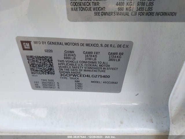2020 CHEVROLET SILVERADO 1500 2WD SHORT BED LT VIN: 3GCPWCED4LG275400