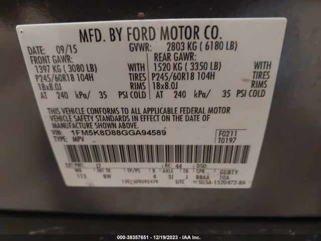 2016 FORD EXPLORER XLT VIN: 1FM5K8D88GGA94589