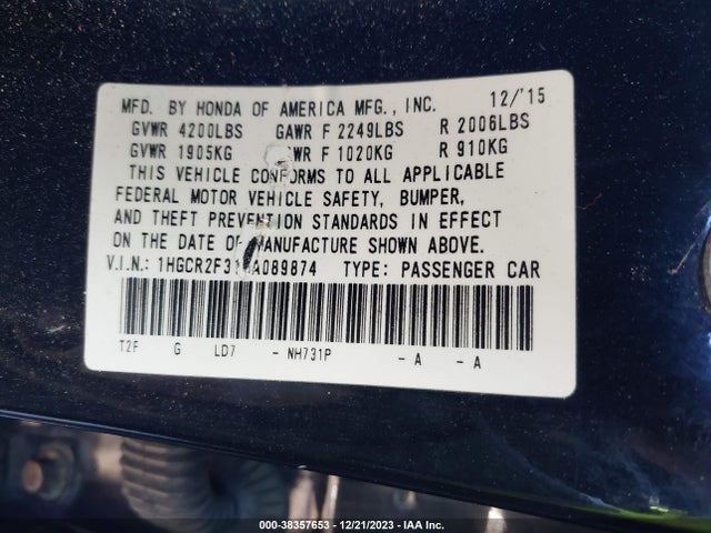 Honda ACCORD LX 2016 1HGCR2F31GA089874 Image 9