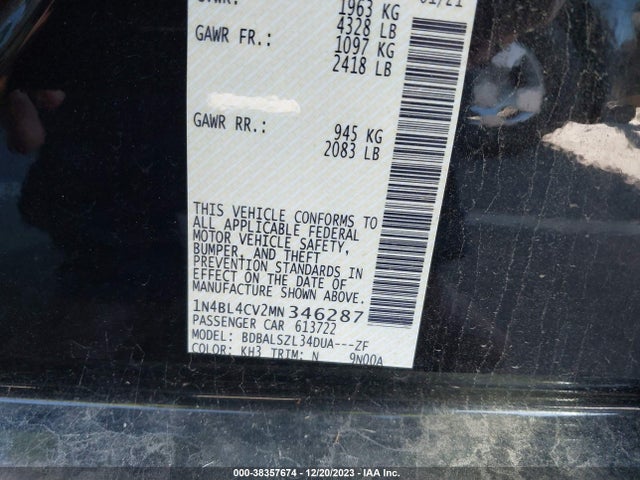 2021 NISSAN ALTIMA SR FWD VIN: 1N4BL4CV2MN346287