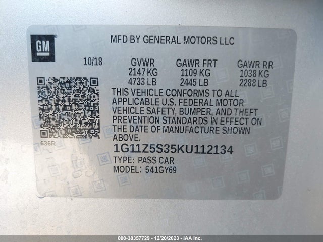 Chevrolet IMPALA LT 2019 1G11Z5S35KU112134 Image 9