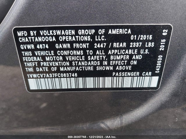 1VWCV7A37FC063746 Volkswagen Passat 2.0l Tdi Sel Premium