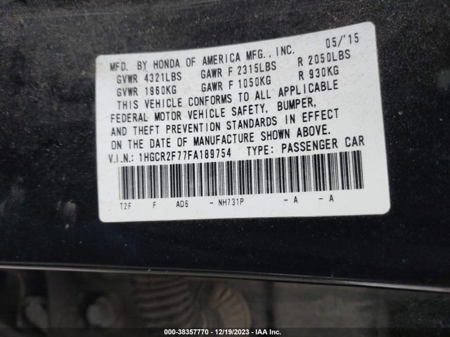 Honda ACCORD EX 2015 1HGCR2F77FA189754 Image 9