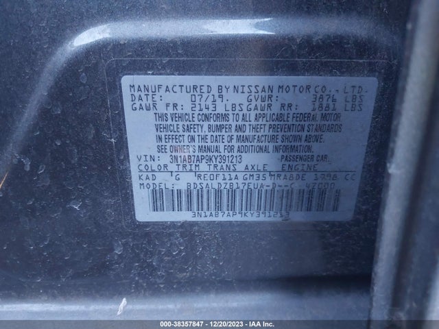 Aukcja sprzedaży 2019 Nissan Sentra Sv, vin: 3N1AB7AP9KY391213, numer aukcji: 38357847