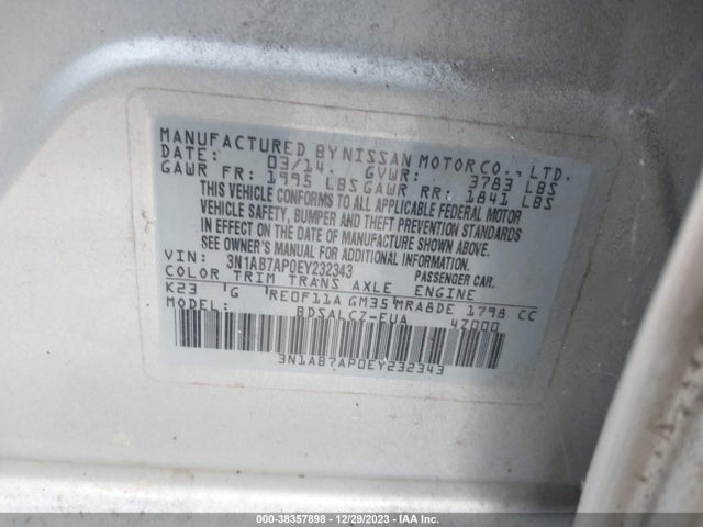 2014 NISSAN SENTRA S VIN: 3N1AB7AP0EY232343