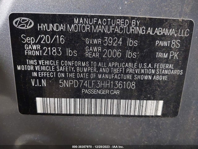 2017 HYUNDAI ELANTRA SE VIN: 5NPD74LF3HH136108