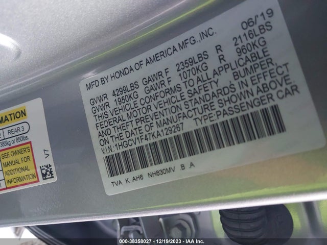 Honda ACCORD EX 2019 1HGCV1F47KA129267 Image 9