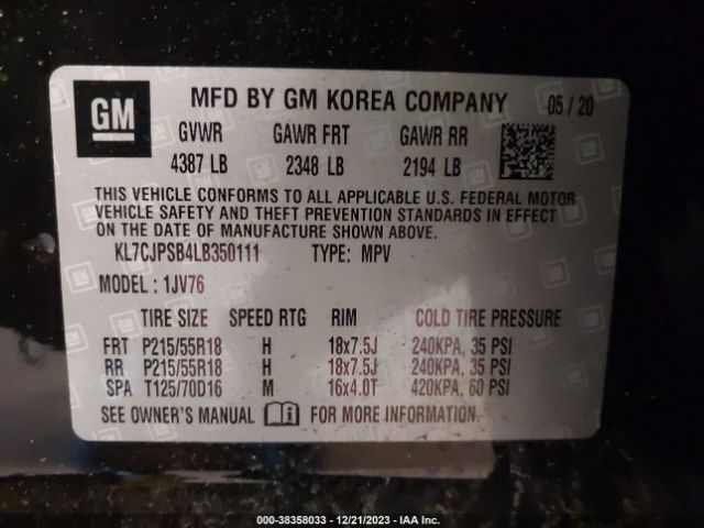 2020 CHEVROLET TRAX KL7CJPSB4LB350111 Photo 8