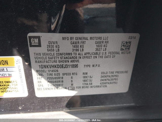 Chevrolet Traverse 2lt 2014 1GNKVHKD0EJ311896 Image 9