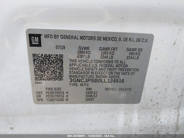 Chevrolet Trax Awd Lt 2020 3GNCJPSB0LL124916 Image 9