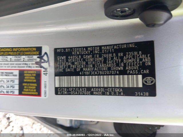 2011 TOYOTA CAMRY XLE VIN: 4T1BF3EK7BU207074