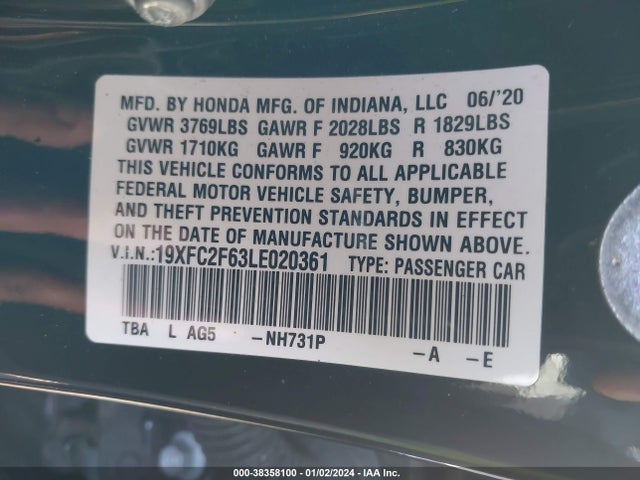 Honda Civic Lx 2020 19XFC2F63LE020361 Image 9