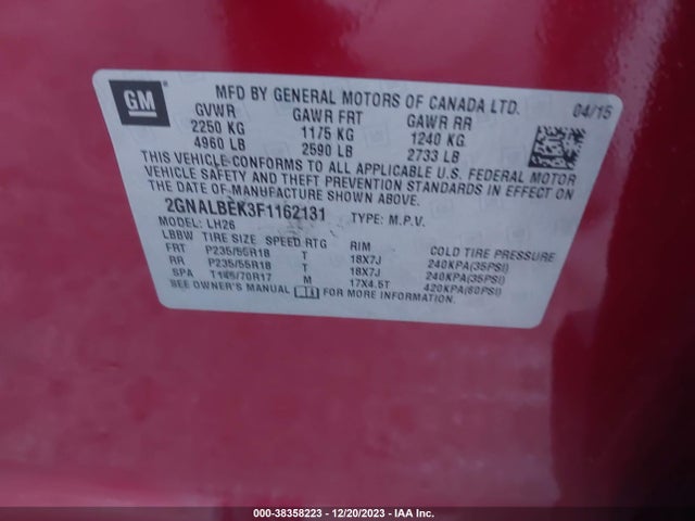 Chevrolet EQUINOX 1LT 2015 2GNALBEK3F1162131 Image 9