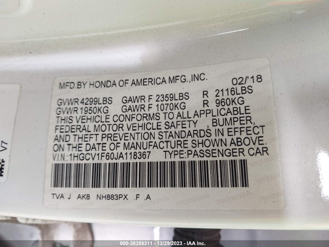 Honda Accord Ex-l 2018 1HGCV1F60JA118367 Image 9