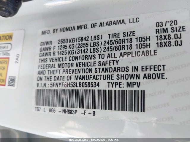 Honda Pilot Awd Ex-l 2020 5FNYF6H53LB058534 Image 9