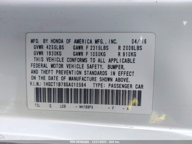 Honda ACCORD EX 2016 1HGCT1B79GA010584 Image 9