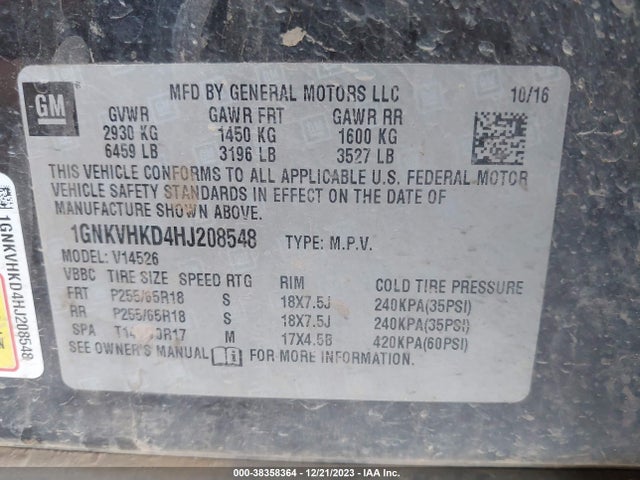 Chevrolet Traverse 2lt 2017 1GNKVHKD4HJ208548 Image 9