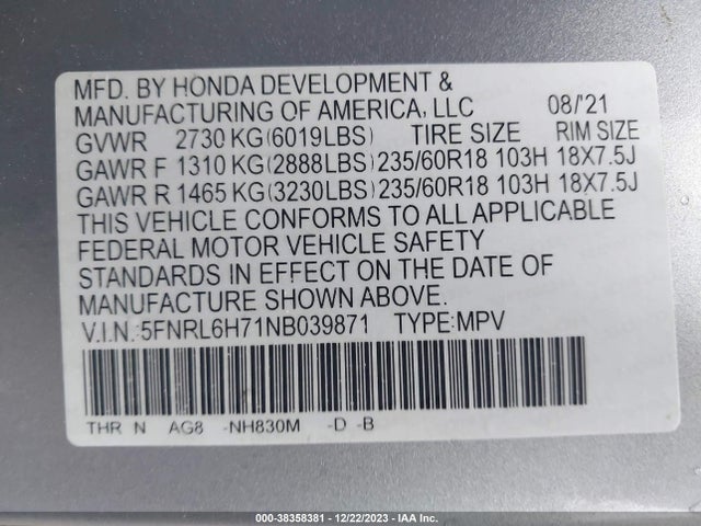 2022 HONDA ODYSSEY EX-L VIN: 5FNRL6H71NB039871