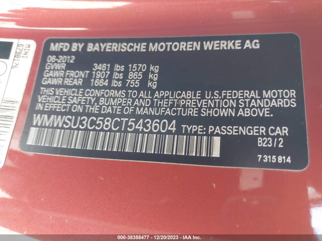 2012 MINI COOPER WMWSU3C58CT543604 Photo 8