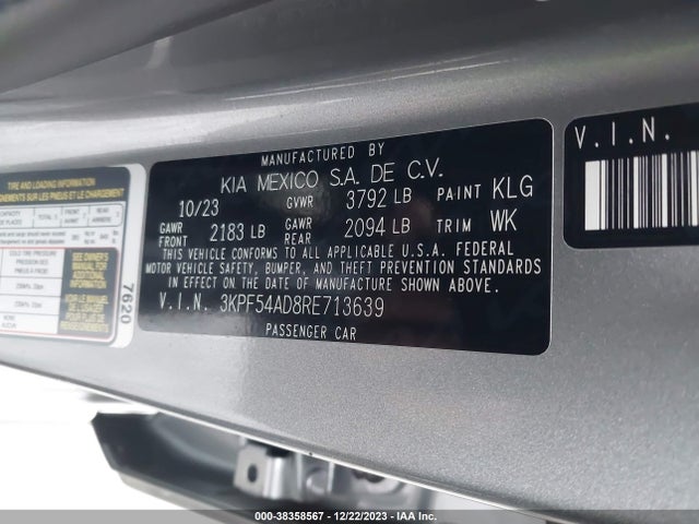 2024 KIA FORTE GT LINE VIN: 3KPF54AD8RE713639