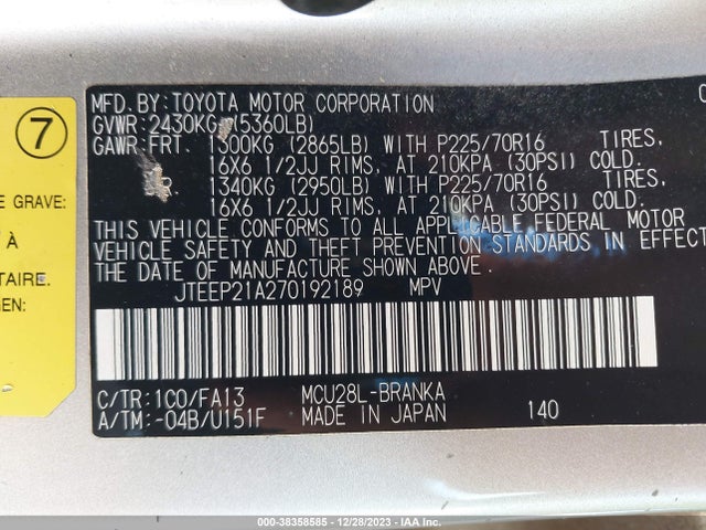 2007 TOYOTA HIGHLANDER V6 VIN: JTEEP21A270192189