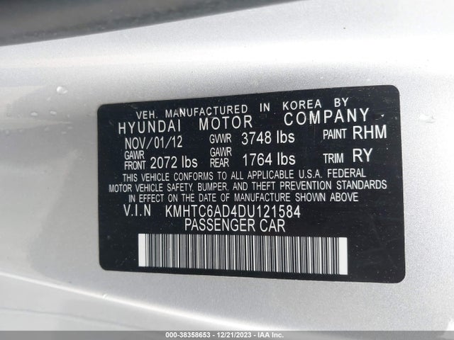2013 HYUNDAI VELOSTER BASE W/BLACK VIN: KMHTC6AD4DU121584