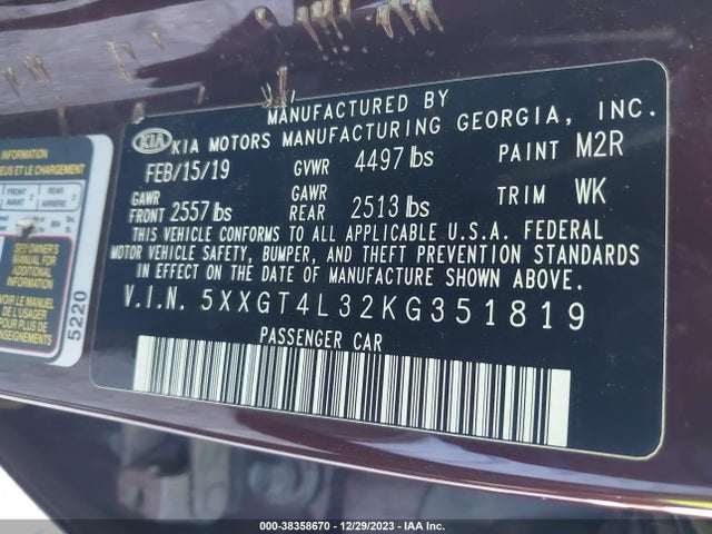 KIA Optima Lx 2019 5XXGT4L32KG351819 Image 9