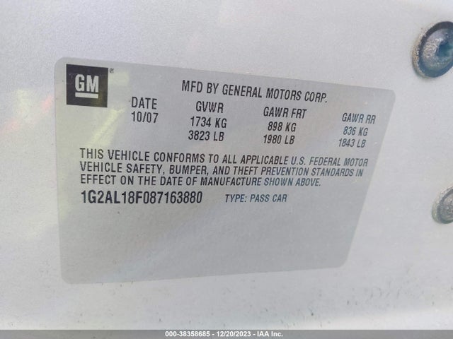 2008 PONTIAC G5 VIN: 1G2AL18F087163880