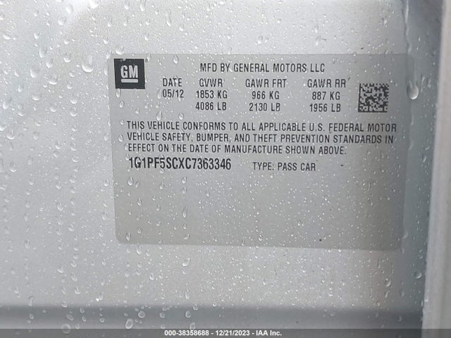 2012 CHEVROLET CRUZE 1LT VIN: 1G1PF5SCXC7363346