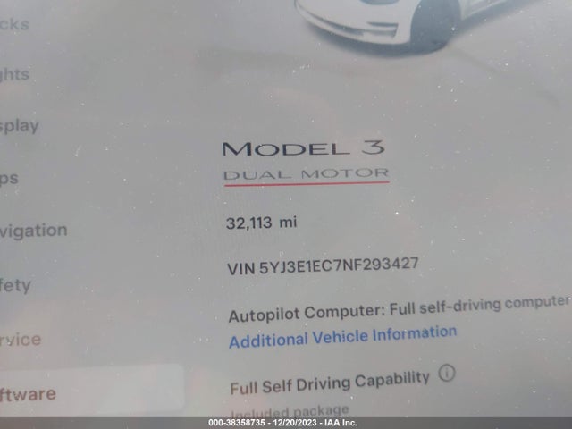 5YJ3E1EC7NF293427 Tesla Model 3 Performance Dual Motor All-wheel Drive
