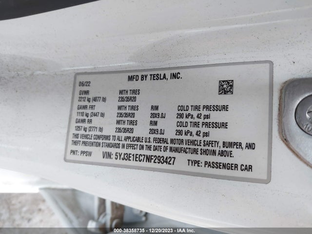 5YJ3E1EC7NF293427 Tesla Model 3 Performance Dual Motor All-wheel Drive