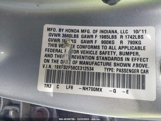 2012 HONDA CIVIC LX VIN: 19XFB2F58CE312534