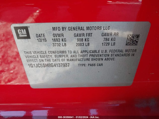 Chevrolet Sonic Lt Auto 2016 1G1JC5SH8G4137937 Image 8