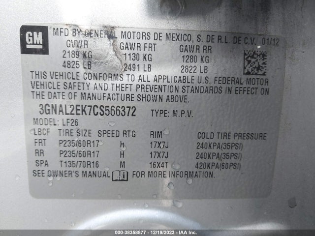 2012 CHEVROLET CAPTIVA SPORT 2LS VIN: 3GNAL2EK7CS566372