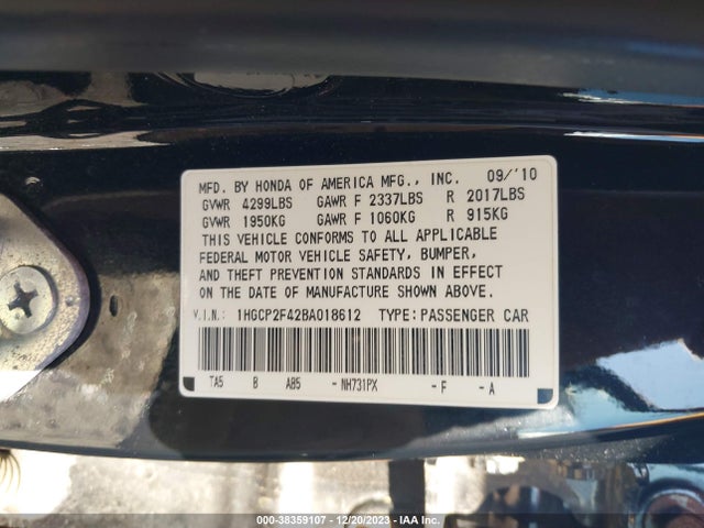 2011 HONDA ACCORD 2.4 LX-P VIN: 1HGCP2F42BA018612