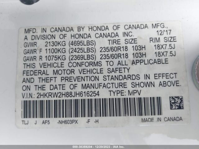2HKRW2H88JH616254 Honda Cr-v Ex-l/ex-l Navi