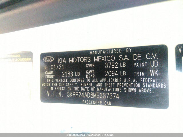 2021 KIA FORTE LXS VIN: 3KPF24AD8ME337574