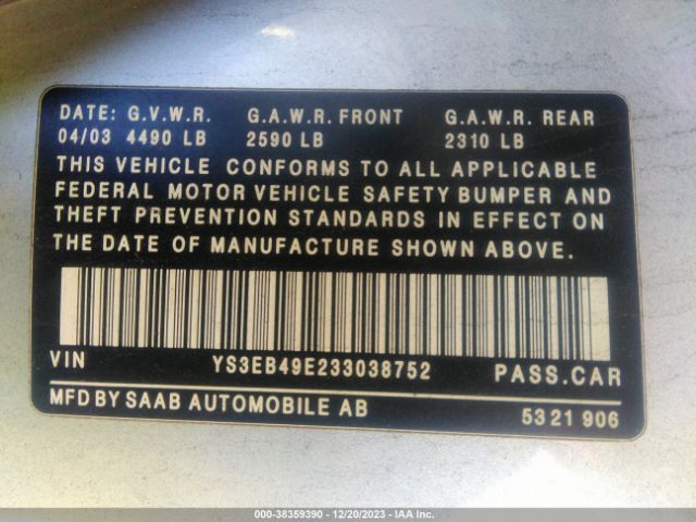 2003 SAAB 9-5 YS3EB49E233038752 Photo 8