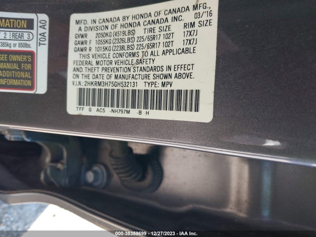 Honda Cr-v Ex-l 2016 2HKRM3H75GH532131 Image 9