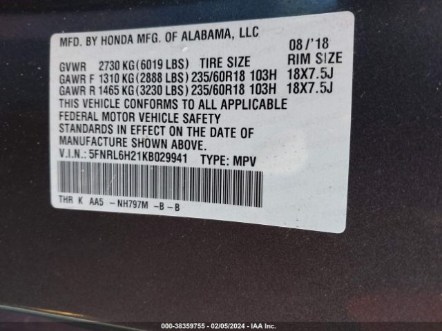 5FNRL6H21KB029941 Honda ODYSSEY LX