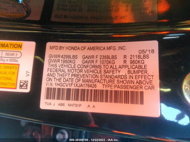 Honda ACCORD LX 2018 1HGCV1F1XJA176426 Image 9