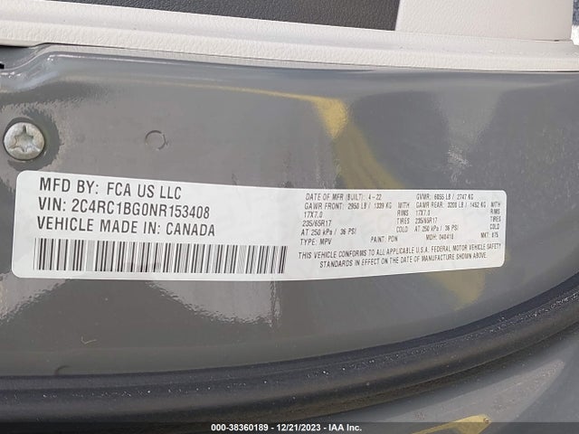 2C4RC1BG0NR153408 Chrysler Pacifica Touring L