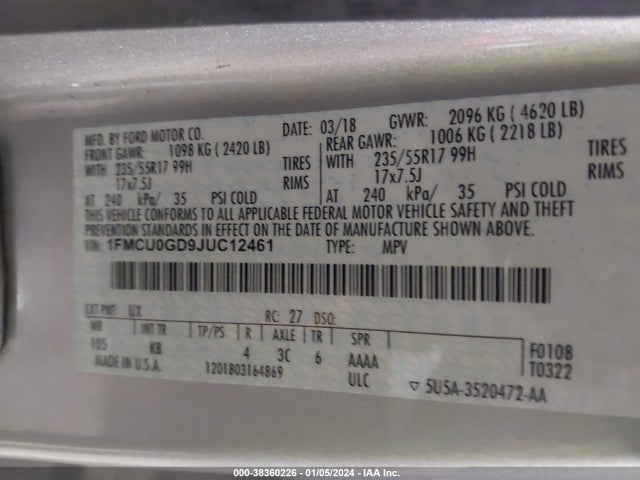 Ford ESCAPE SE 2018 1FMCU0GD9JUC12461 Image 9