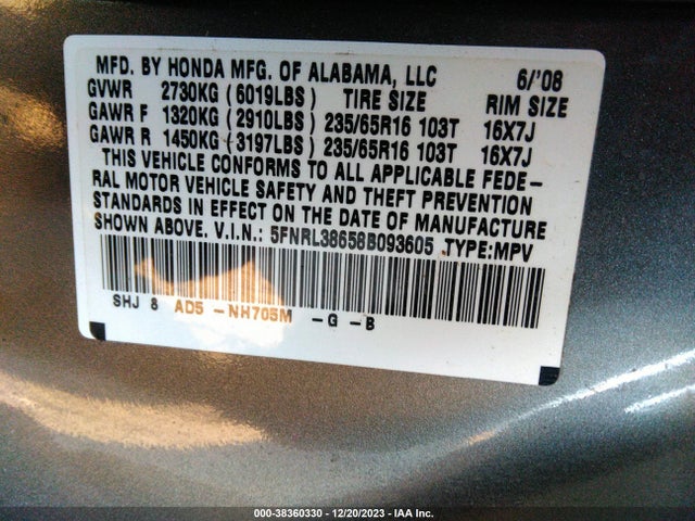 2008 HONDA ODYSSEY EX-L VIN: 5FNRL38658B093605