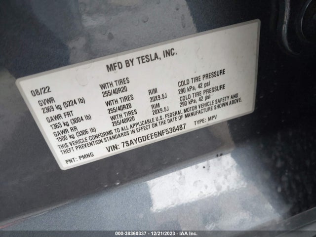 2022 TESLA MODEL Y 7SAYGDEE6NF536487 Photo 8