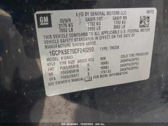 2012 CHEVROLET SILVERADO 1500 LT VIN: 1GCPKSE70CF240290
