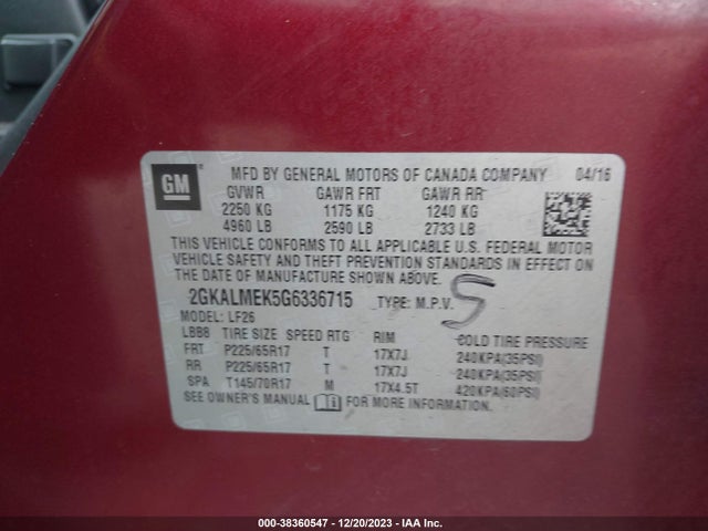 GMC Terrain Sle-1 2016 2GKALMEK5G6336715 Image 9