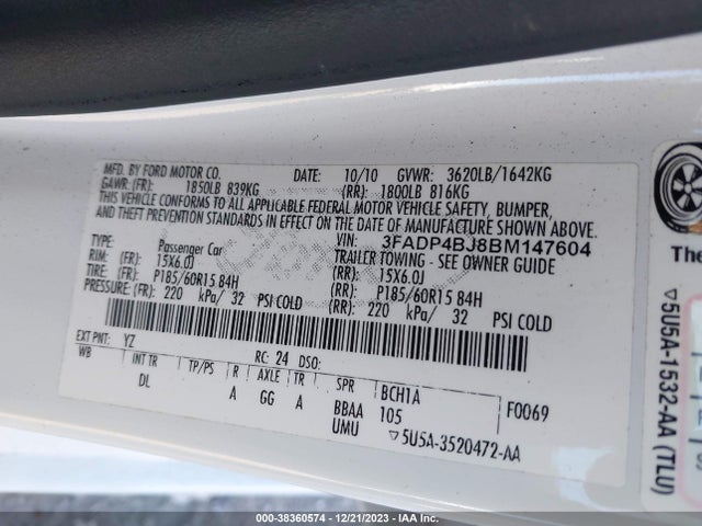 2011 FORD FIESTA SE VIN: 3FADP4BJ8BM147604