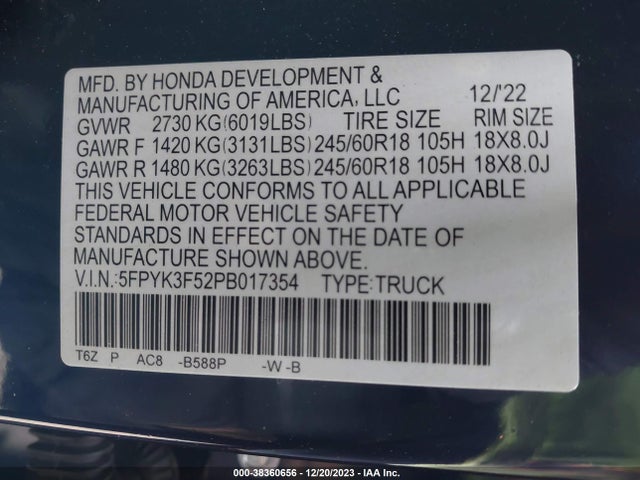 2023 HONDA RIDGELINE RTL VIN: 5FPYK3F52PB017354